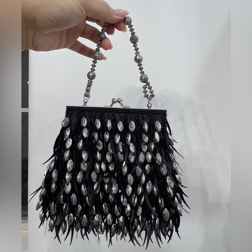 Chic Black and Silver Beaded Handbag